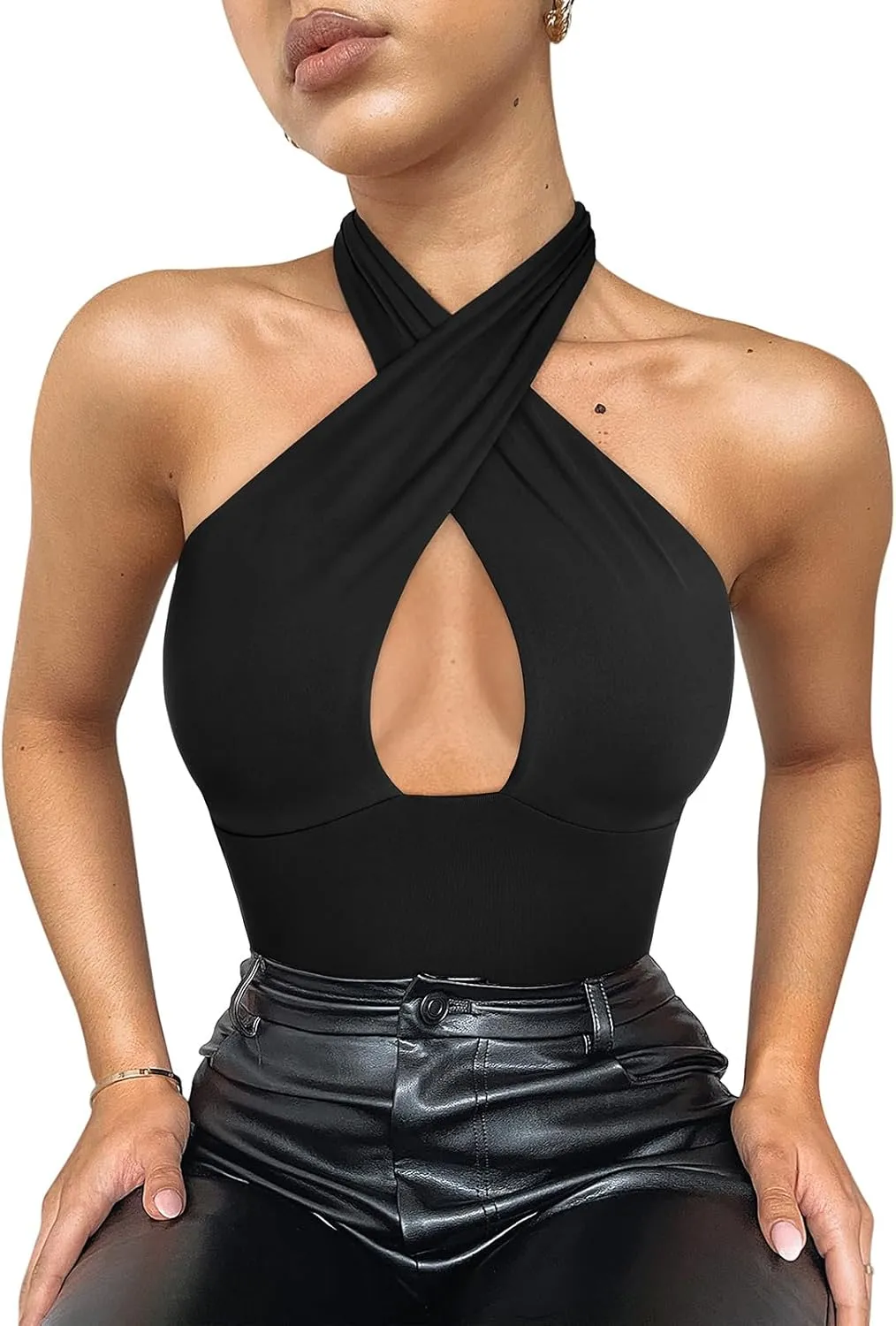 REORIA Butsmooth® Women's Trendy Sexy Criss Cross Halter Neck Sleeveless Thong Bodysuits Tops Clubwear