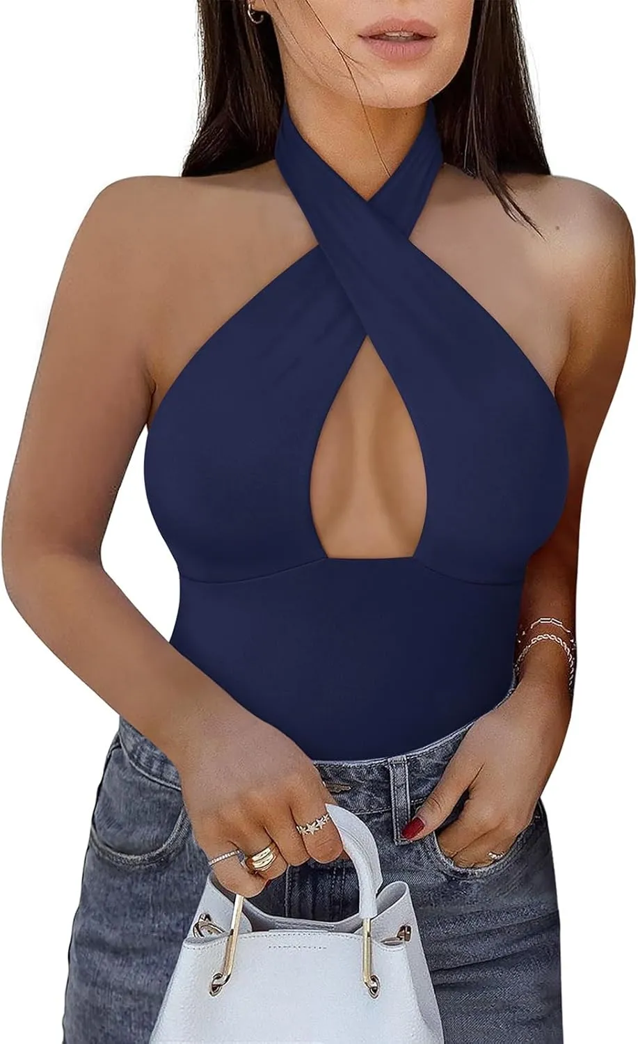 REORIA Butsmooth® Women's Trendy Sexy Criss Cross Halter Neck Sleeveless Thong Bodysuits Tops Clubwear