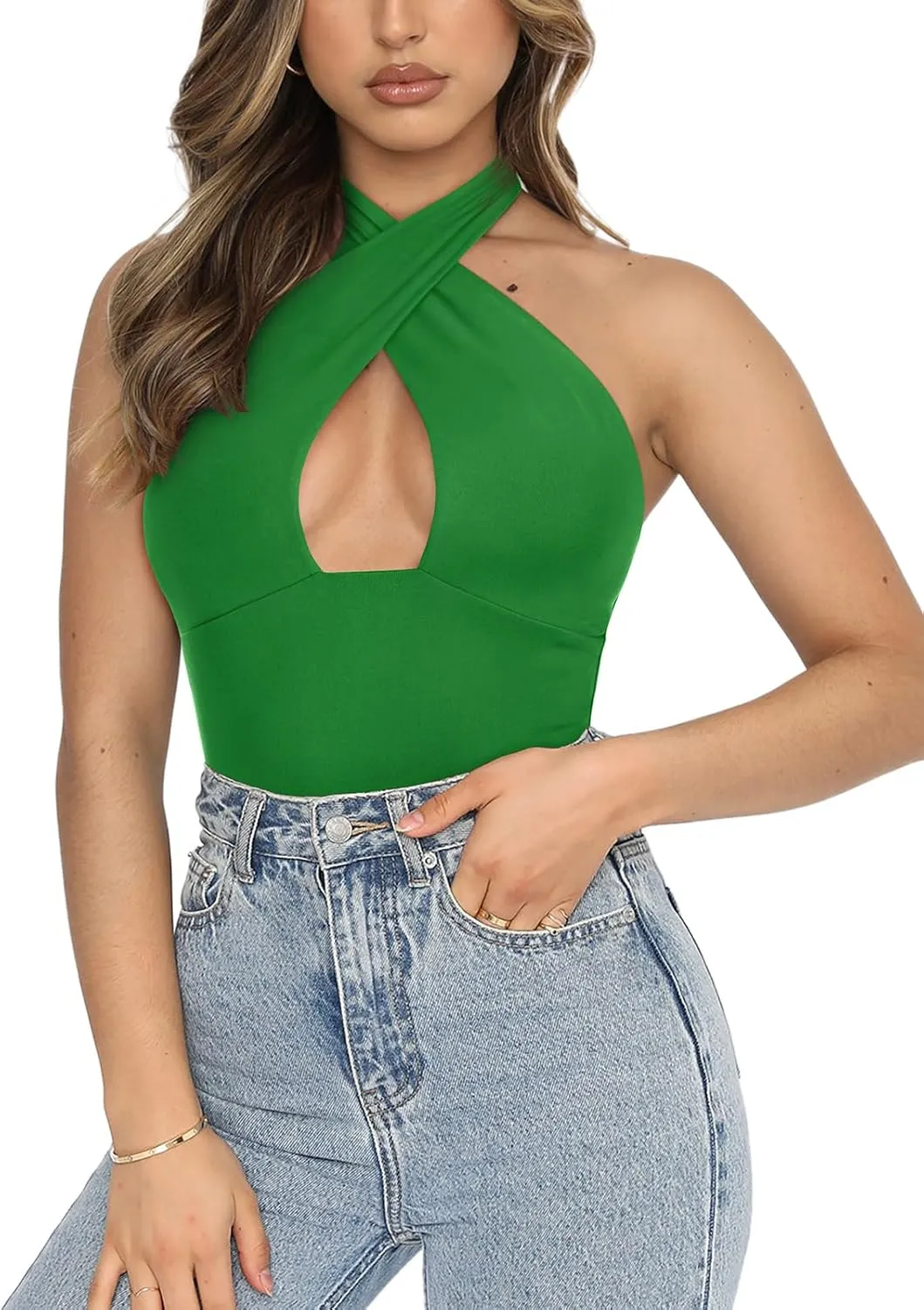REORIA Butsmooth® Women's Trendy Sexy Criss Cross Halter Neck Sleeveless Thong Bodysuits Tops Clubwear