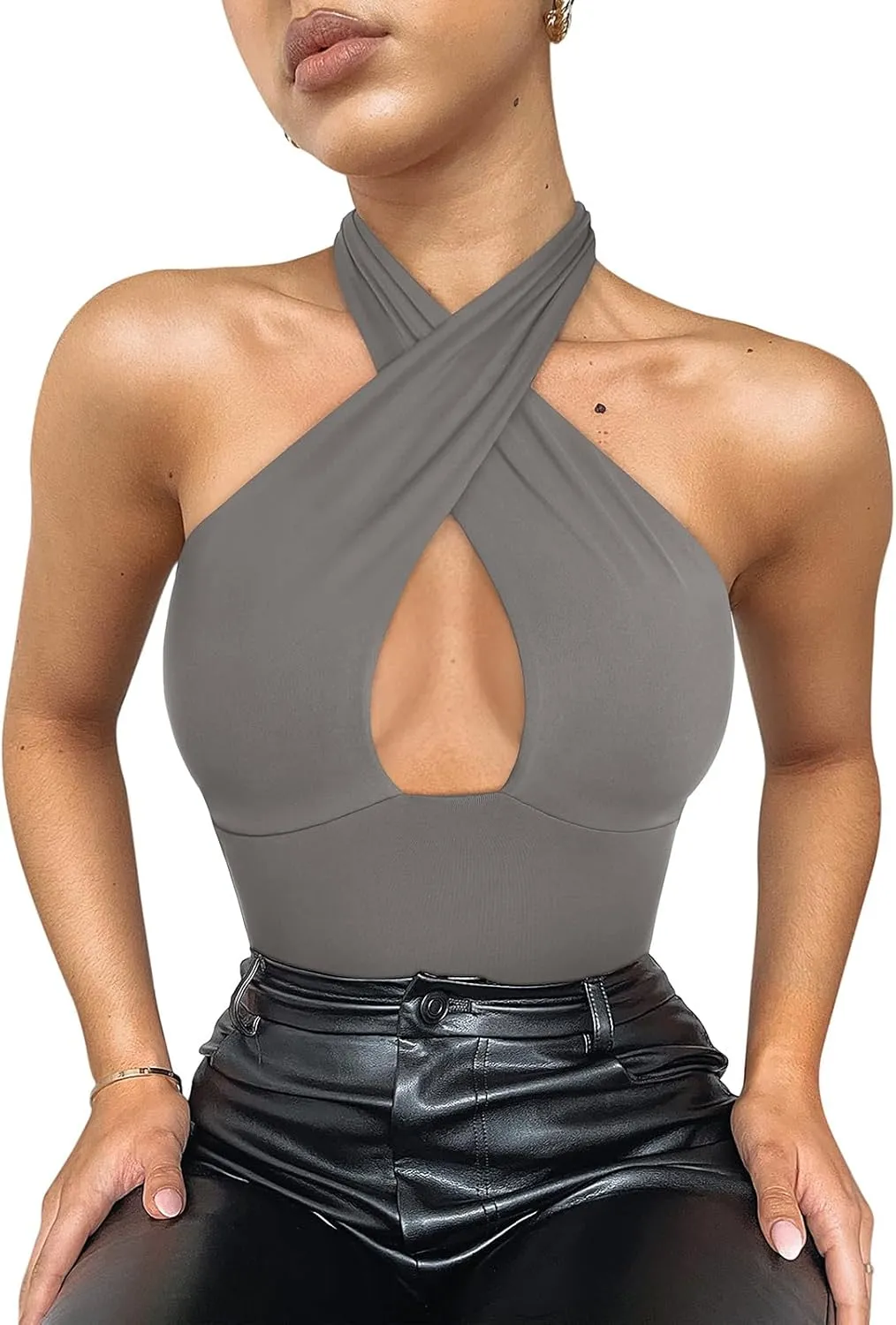 REORIA Butsmooth® Women's Trendy Sexy Criss Cross Halter Neck Sleeveless Thong Bodysuits Tops Clubwear