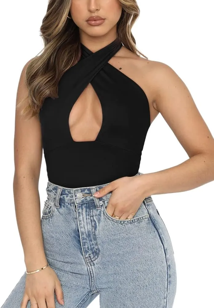 REORIA Butsmooth® Women's Trendy Sexy Criss Cross Halter Neck Sleeveless Thong Bodysuits Tops Clubwear