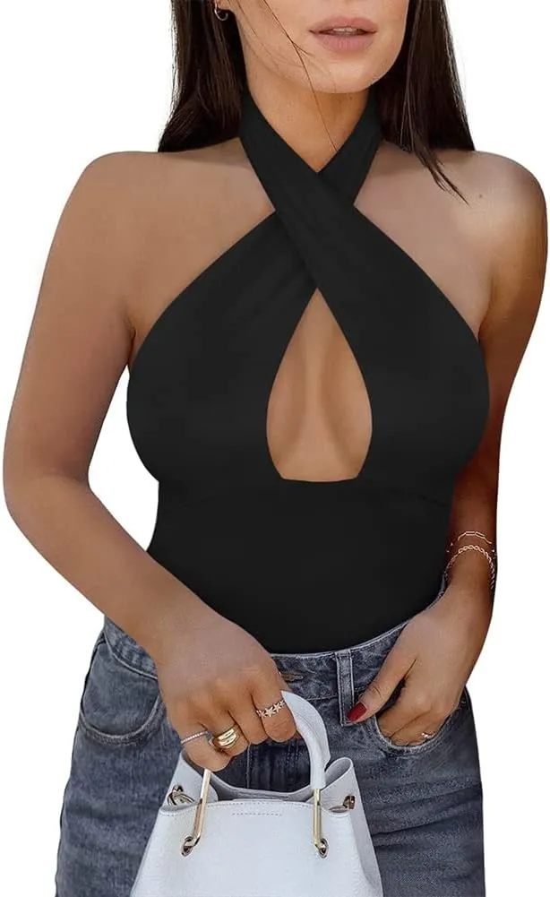 REORIA Butsmooth® Women's Trendy Sexy Criss Cross Halter Neck Sleeveless Thong Bodysuits Tops Clubwear