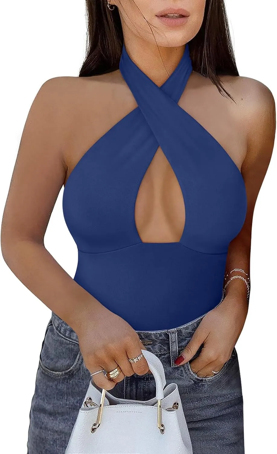REORIA Butsmooth® Women's Trendy Sexy Criss Cross Halter Neck Sleeveless Thong Bodysuits Tops Clubwear