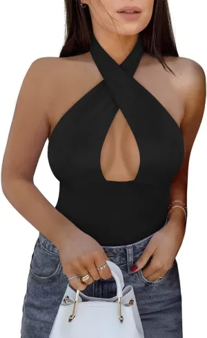 REORIA Butsmooth® Women's Trendy Sexy Criss Cross Halter Neck Sleeveless Thong Bodysuits Tops Clubwear