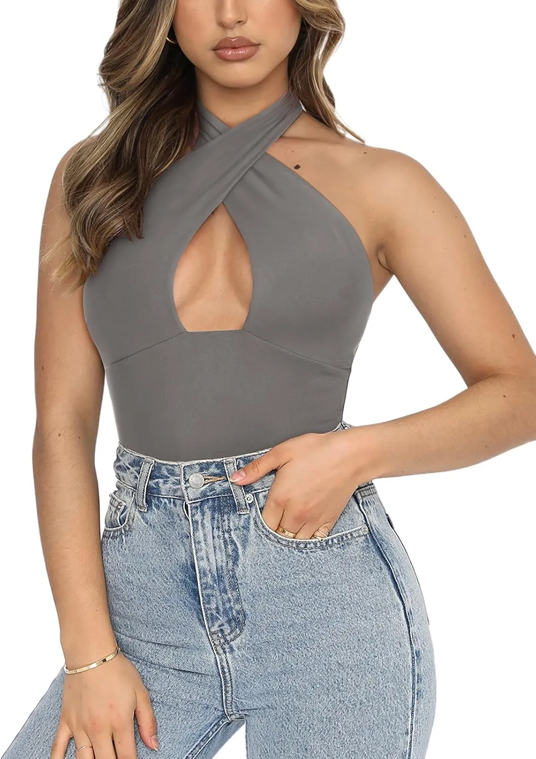 REORIA Butsmooth® Women's Trendy Sexy Criss Cross Halter Neck Sleeveless Thong Bodysuits Tops Clubwear
