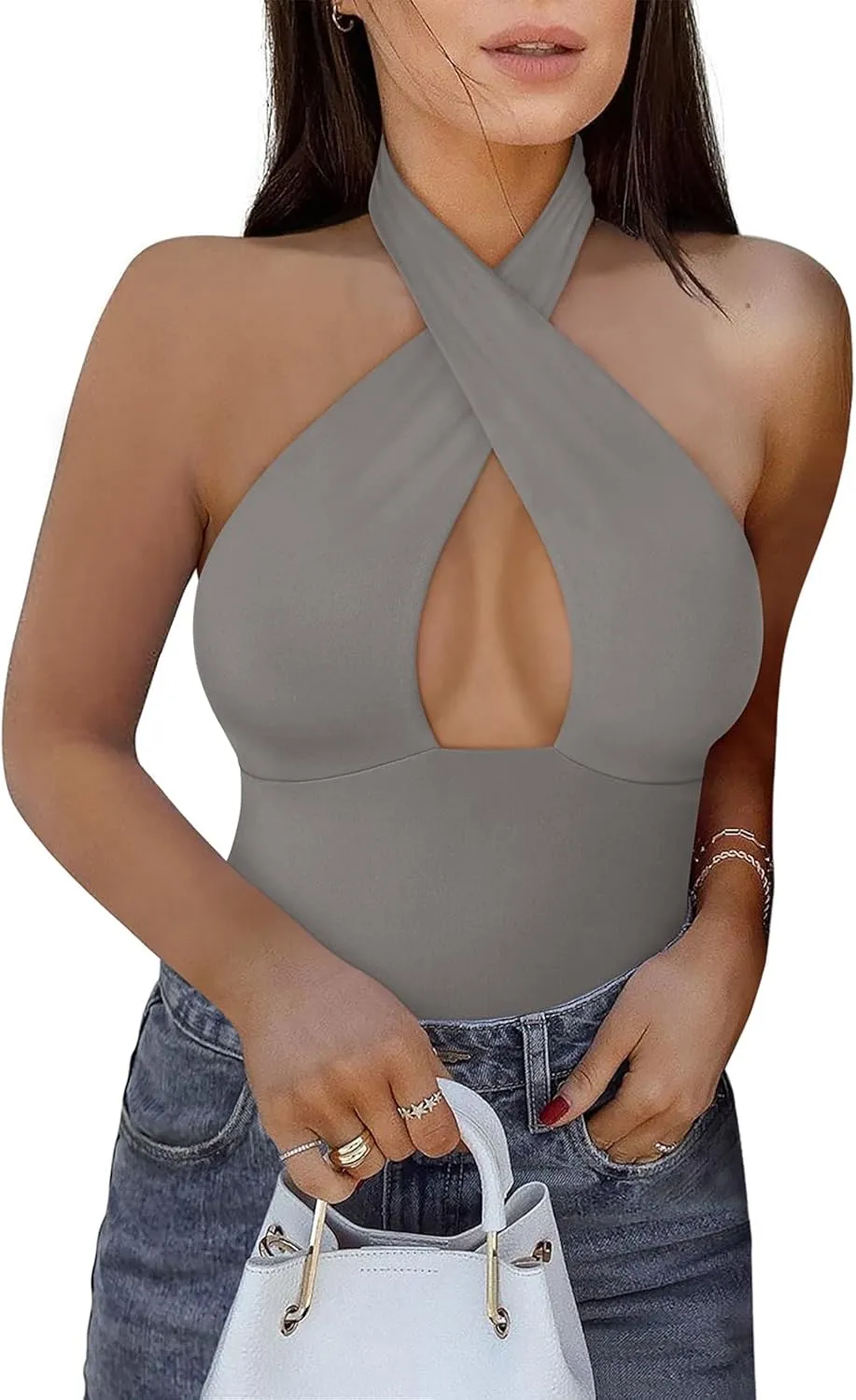 REORIA Butsmooth® Women's Trendy Sexy Criss Cross Halter Neck Sleeveless Thong Bodysuits Tops Clubwear