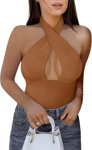 REORIA Butsmooth® Women's Trendy Sexy Criss Cross Halter Neck Sleeveless Thong Bodysuits Tops Clubwear