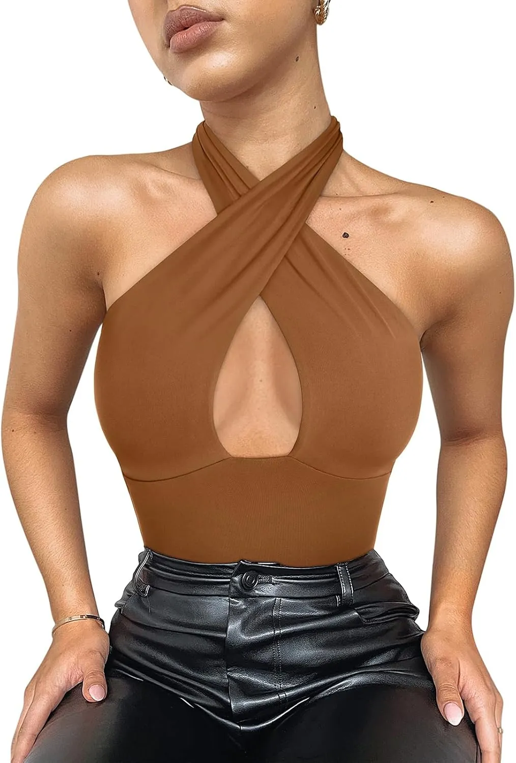 REORIA Butsmooth® Women's Trendy Sexy Criss Cross Halter Neck Sleeveless Thong Bodysuits Tops Clubwear