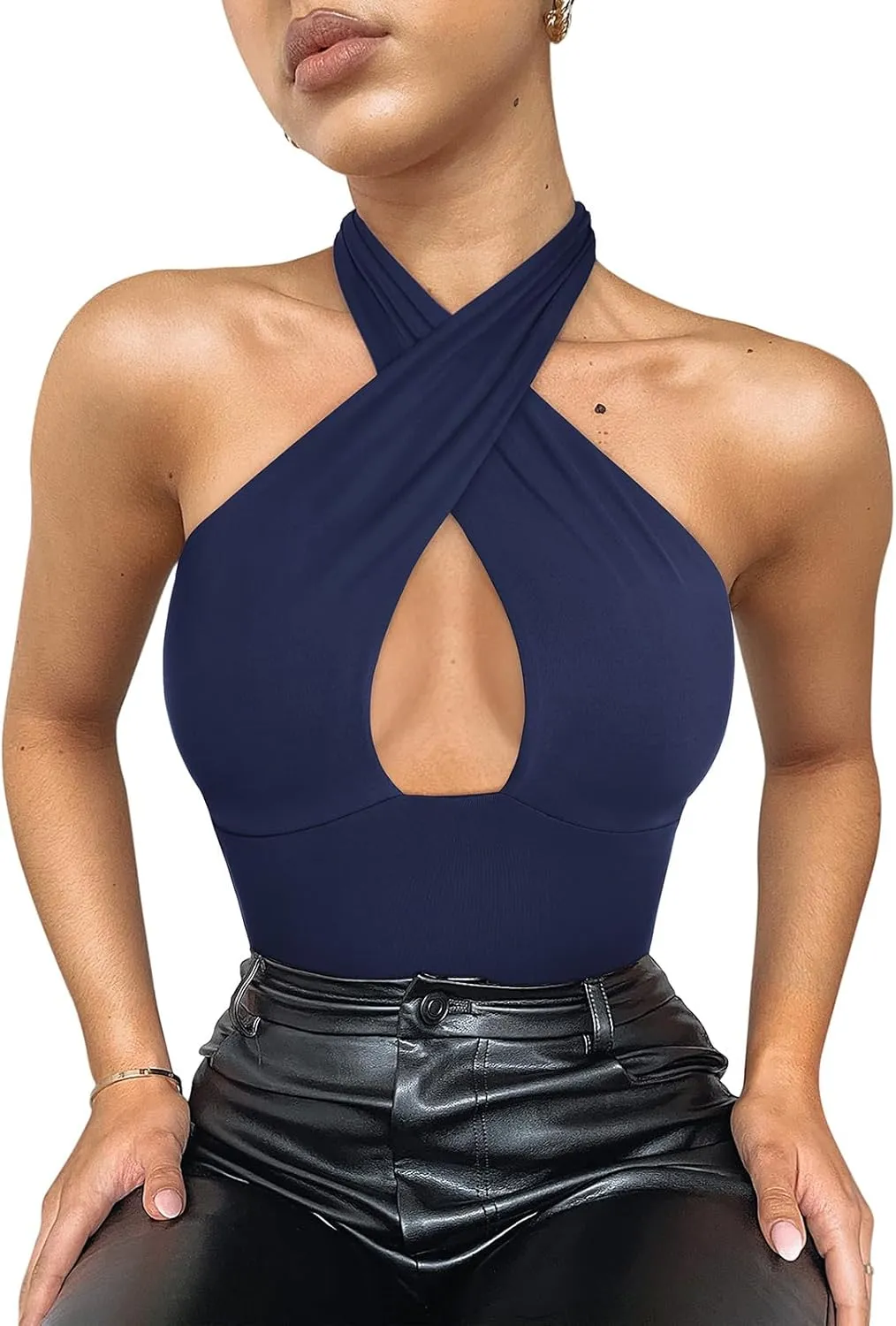 REORIA Butsmooth® Women's Trendy Sexy Criss Cross Halter Neck Sleeveless Thong Bodysuits Tops Clubwear