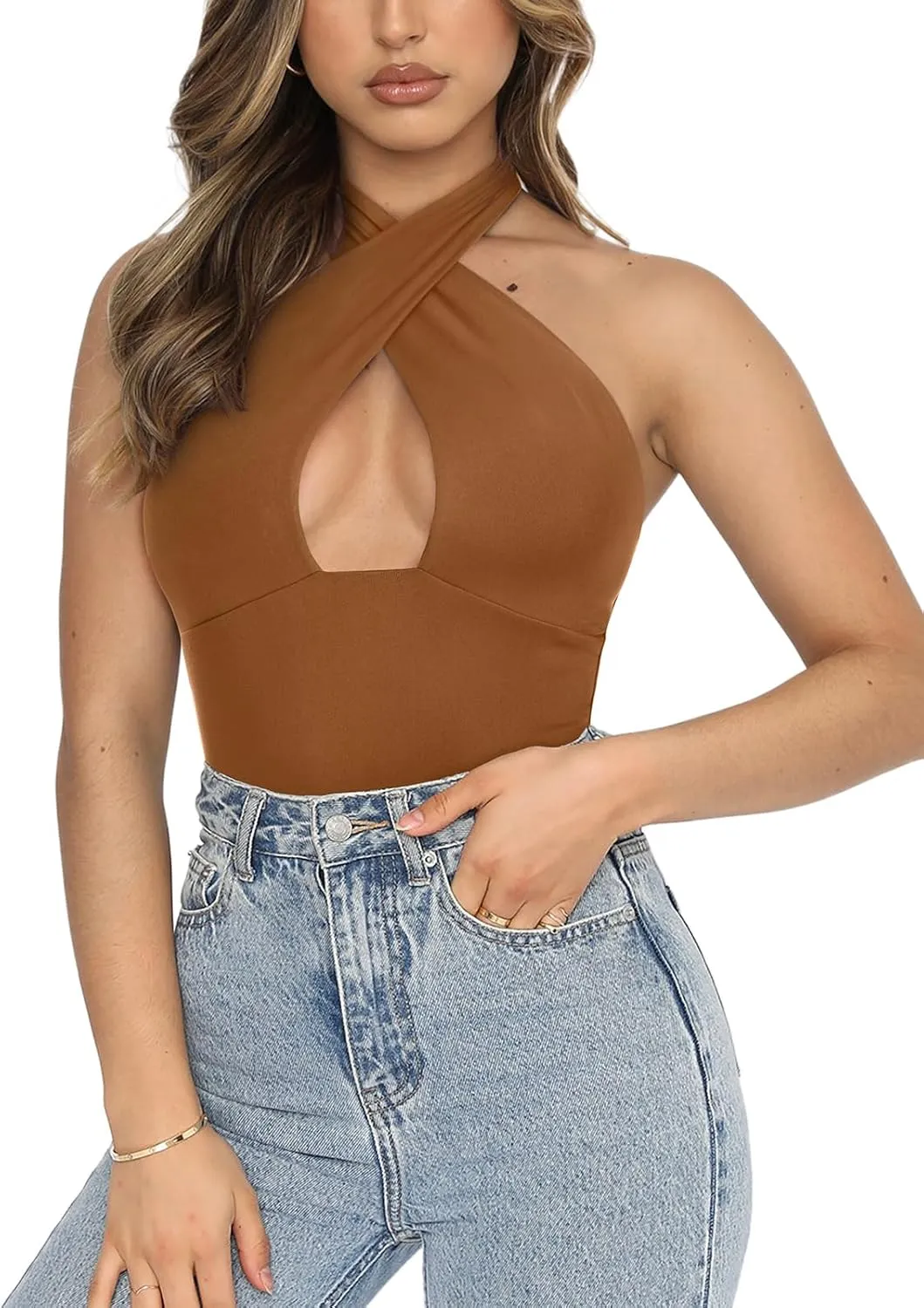 REORIA Butsmooth® Women's Trendy Sexy Criss Cross Halter Neck Sleeveless Thong Bodysuits Tops Clubwear