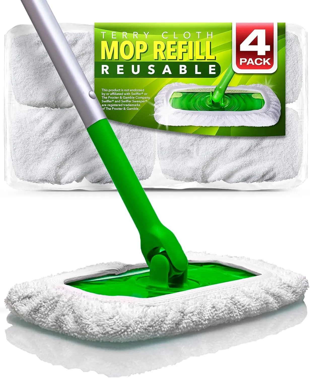 Reusable 100% Cotton Mop Pads Compatible with Swiffer Sweeper (4-Pack), Terry Cloth Mop Covers Washable for Wet Mopping and Floor Cleaning (Handle is Not Included)