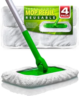 Reusable 100% Cotton Mop Pads Compatible with Swiffer Sweeper (4-Pack), Terry Cloth Mop Covers Washable for Wet Mopping and Floor Cleaning (Handle is Not Included)