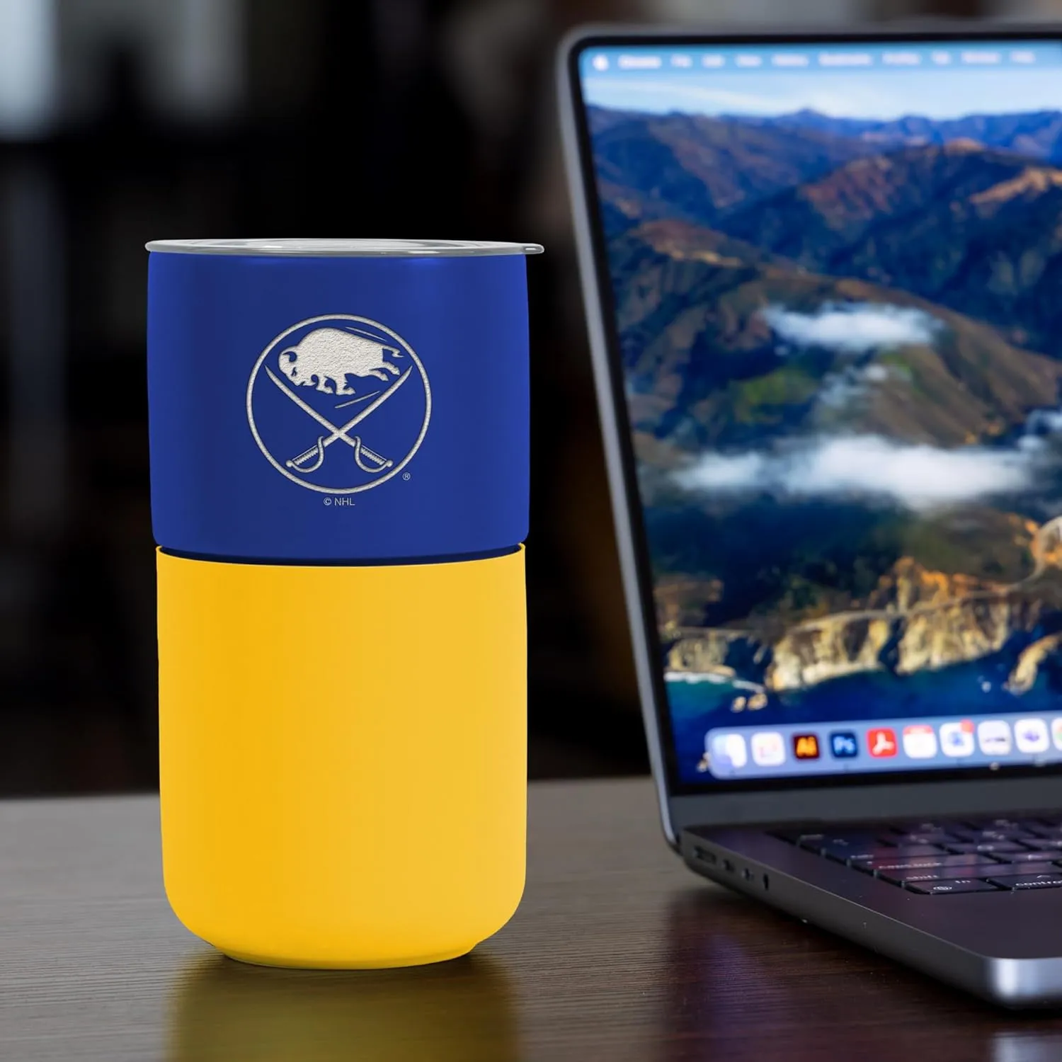 Rico Industries NHL Buffalo Sabres 16 oz Ceramic Tumbler with Silicone Grip, Deep Laser Engraved, Royal Blue and Yellow Colored Design with Slide Lid, Travel Coffee Mug, Matte Glaze