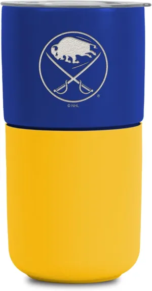 Rico Industries NHL Buffalo Sabres 16 oz Ceramic Tumbler with Silicone Grip, Deep Laser Engraved, Royal Blue and Yellow Colored Design with Slide Lid, Travel Coffee Mug, Matte Glaze