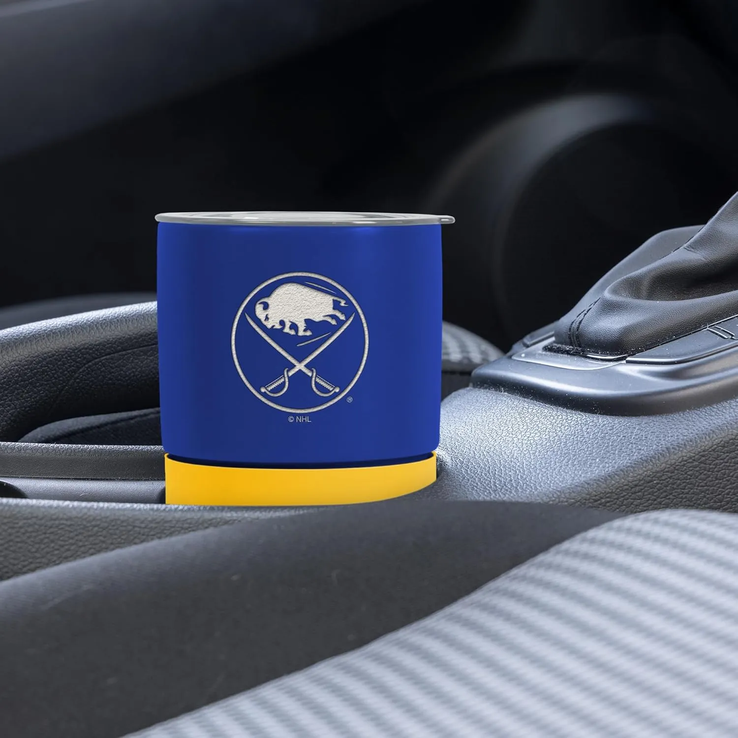 Rico Industries NHL Buffalo Sabres 16 oz Ceramic Tumbler with Silicone Grip, Deep Laser Engraved, Royal Blue and Yellow Colored Design with Slide Lid, Travel Coffee Mug, Matte Glaze