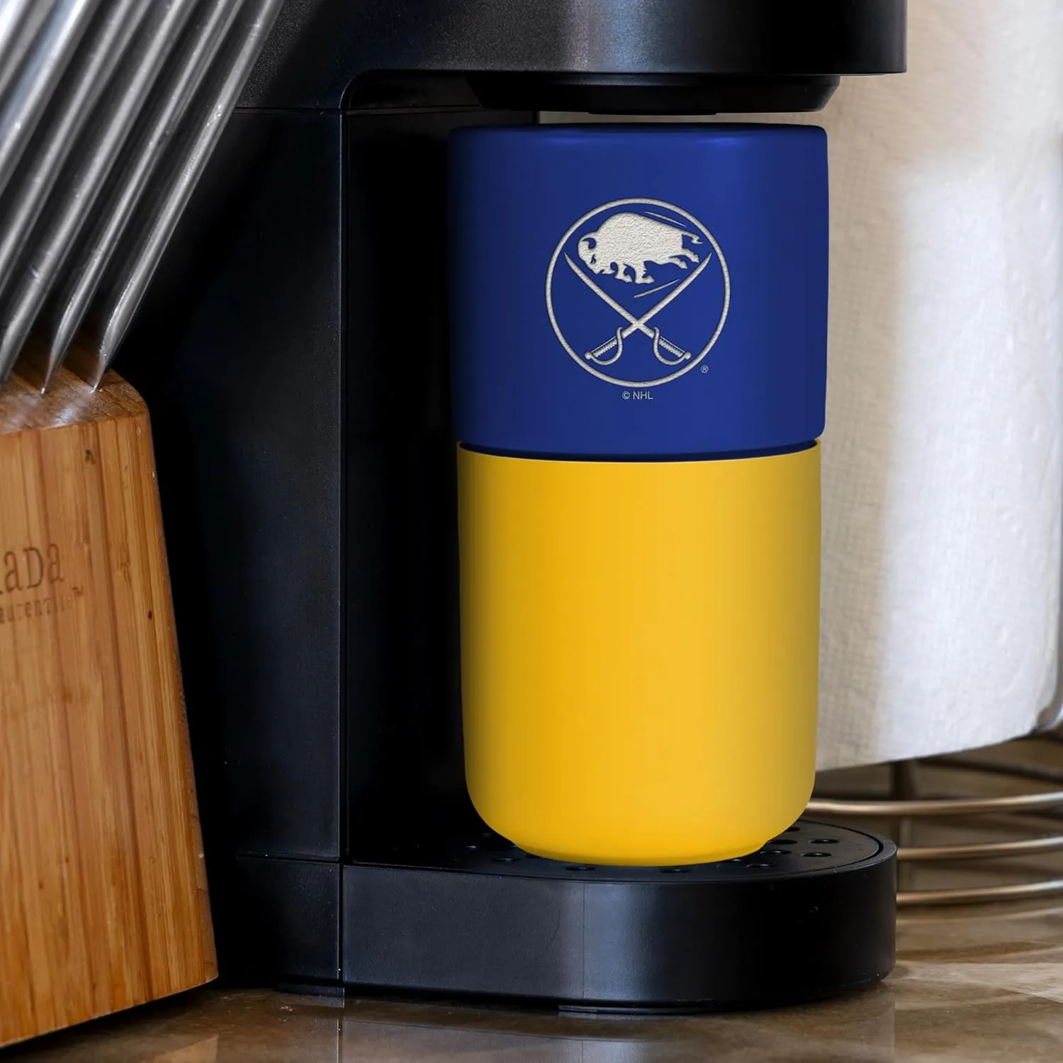 Rico Industries NHL Buffalo Sabres 16 oz Ceramic Tumbler with Silicone Grip, Deep Laser Engraved, Royal Blue and Yellow Colored Design with Slide Lid, Travel Coffee Mug, Matte Glaze