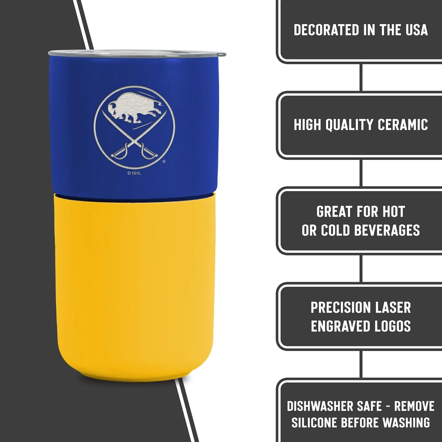Rico Industries NHL Buffalo Sabres 16 oz Ceramic Tumbler with Silicone Grip, Deep Laser Engraved, Royal Blue and Yellow Colored Design with Slide Lid, Travel Coffee Mug, Matte Glaze