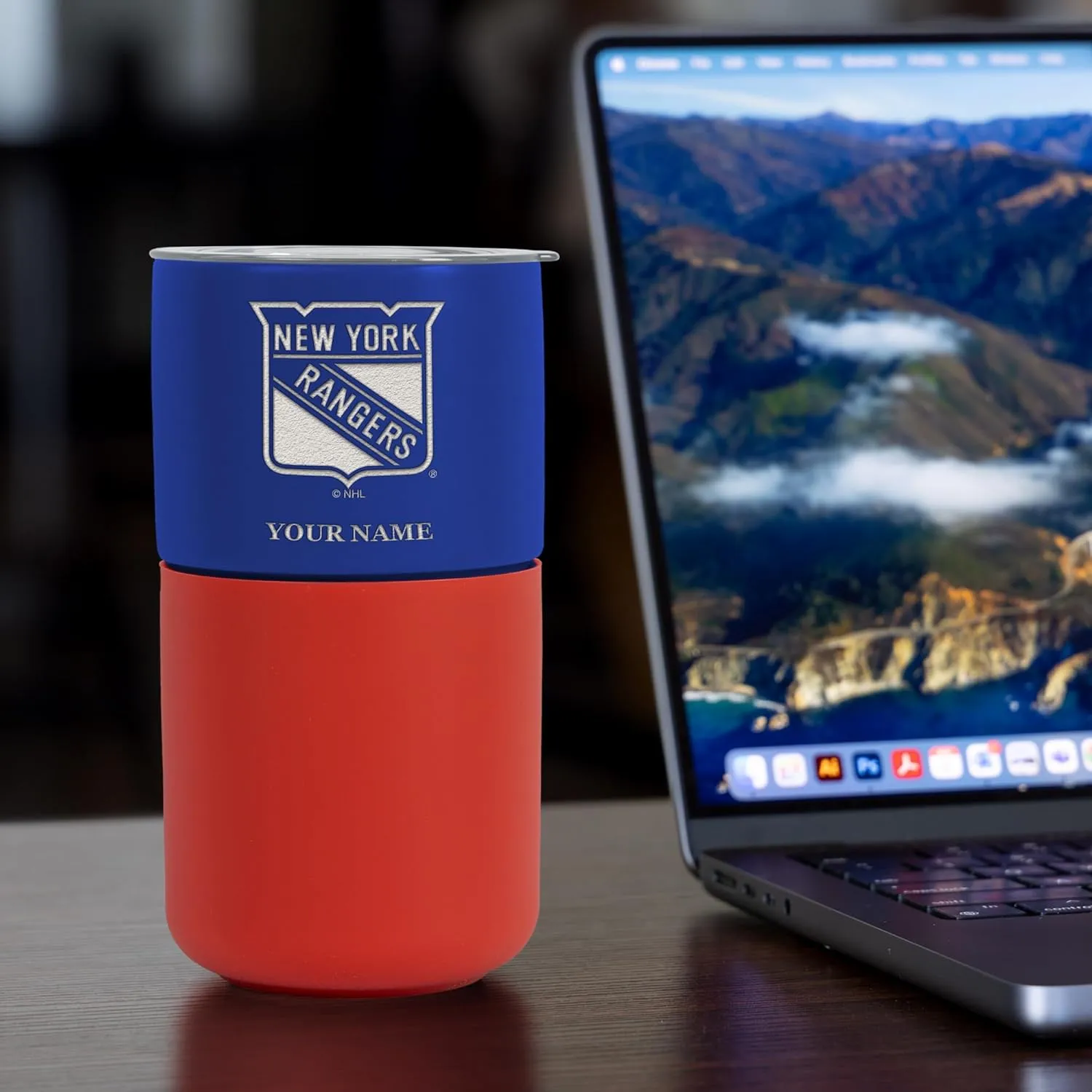 Rico Industries NHL Teams Personalized 16oz Ceramic Tumbler with Silicone Grip, Deep Laser Engraved, Two-Tone Team Colored Design with Slide Lid, Travel Coffee Mug, Matte Glaze
