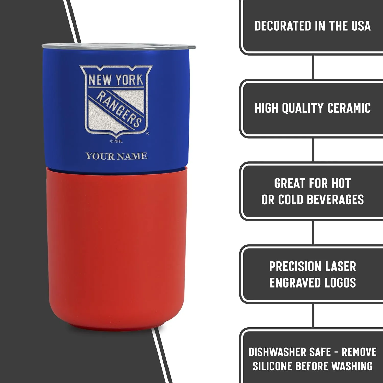 Rico Industries NHL Teams Personalized 16oz Ceramic Tumbler with Silicone Grip, Deep Laser Engraved, Two-Tone Team Colored Design with Slide Lid, Travel Coffee Mug, Matte Glaze