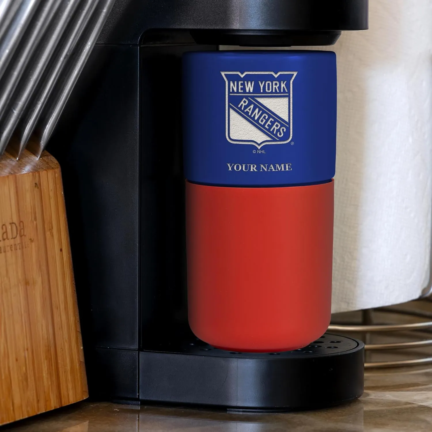 Rico Industries NHL Teams Personalized 16oz Ceramic Tumbler with Silicone Grip, Deep Laser Engraved, Two-Tone Team Colored Design with Slide Lid, Travel Coffee Mug, Matte Glaze