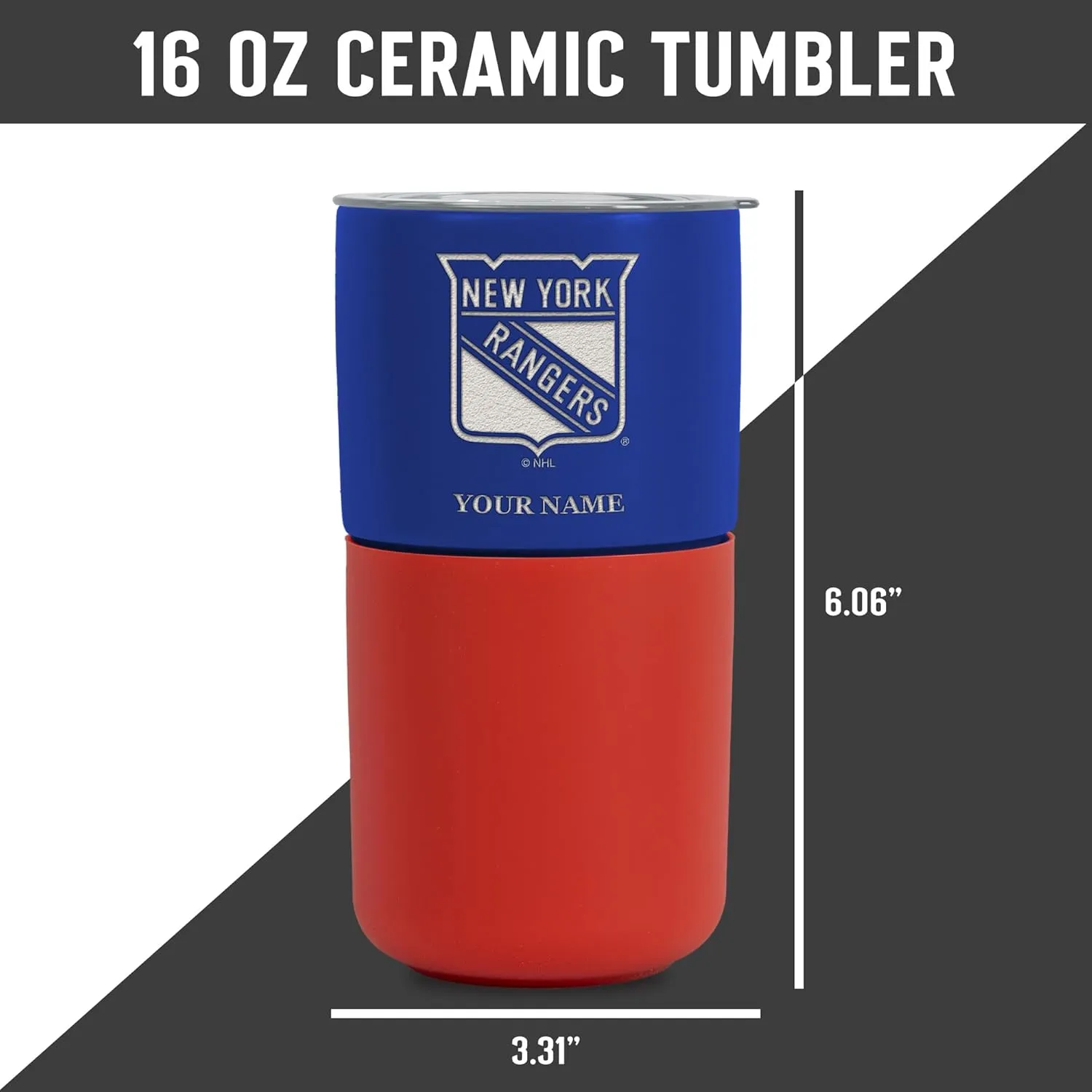 Rico Industries NHL Teams Personalized 16oz Ceramic Tumbler with Silicone Grip, Deep Laser Engraved, Two-Tone Team Colored Design with Slide Lid, Travel Coffee Mug, Matte Glaze