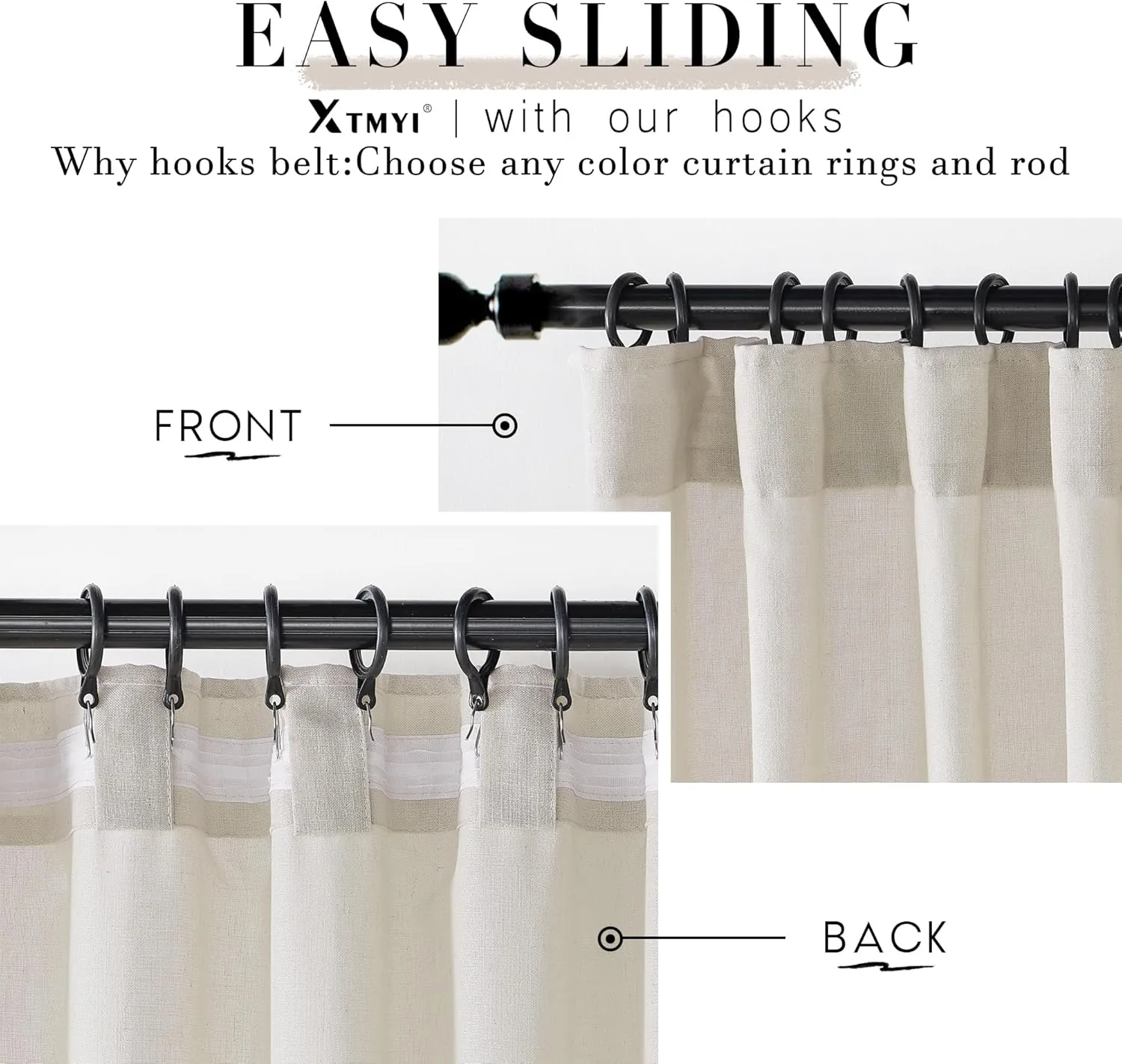 Rod Pocket Curtains for Traverse Rod with Hooks or Tap Tie Top with Clip Rings,Linen Back Tab Boho Sheer Country Curtain Draperies for Bedroom Living Room Dining,Warm Grey Greyish Beige,90 Inch Long