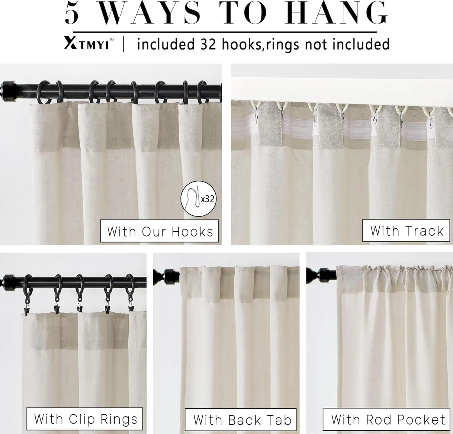 Rod Pocket Curtains for Traverse Rod with Hooks or Tap Tie Top with Clip Rings,Linen Back Tab Boho Sheer Country Curtain Draperies for Bedroom Living Room Dining,Warm Grey Greyish Beige,90 Inch Long
