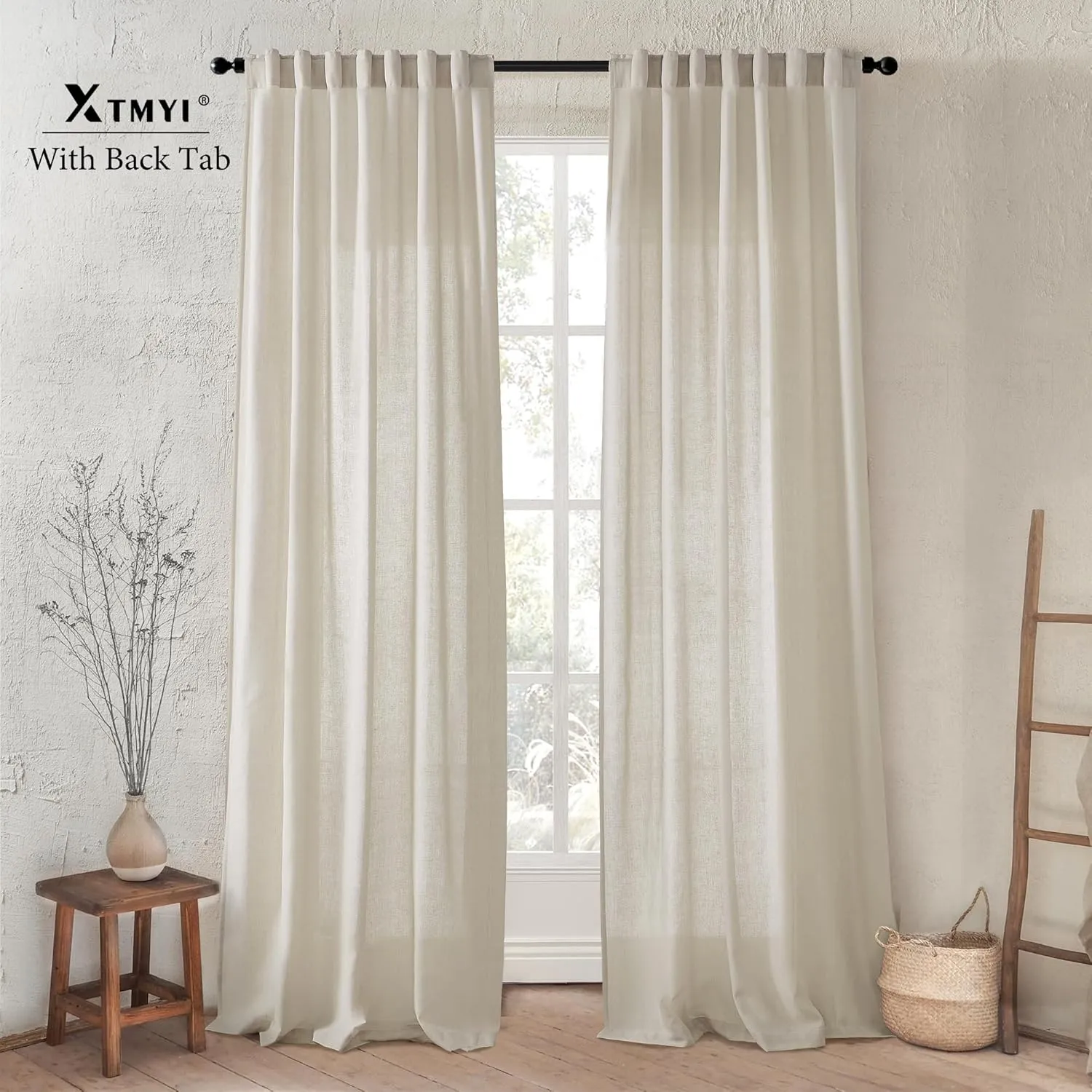 Rod Pocket Curtains for Traverse Rod with Hooks or Tap Tie Top with Clip Rings,Linen Back Tab Boho Sheer Country Curtain Draperies for Bedroom Living Room Dining,Warm Grey Greyish Beige,90 Inch Long