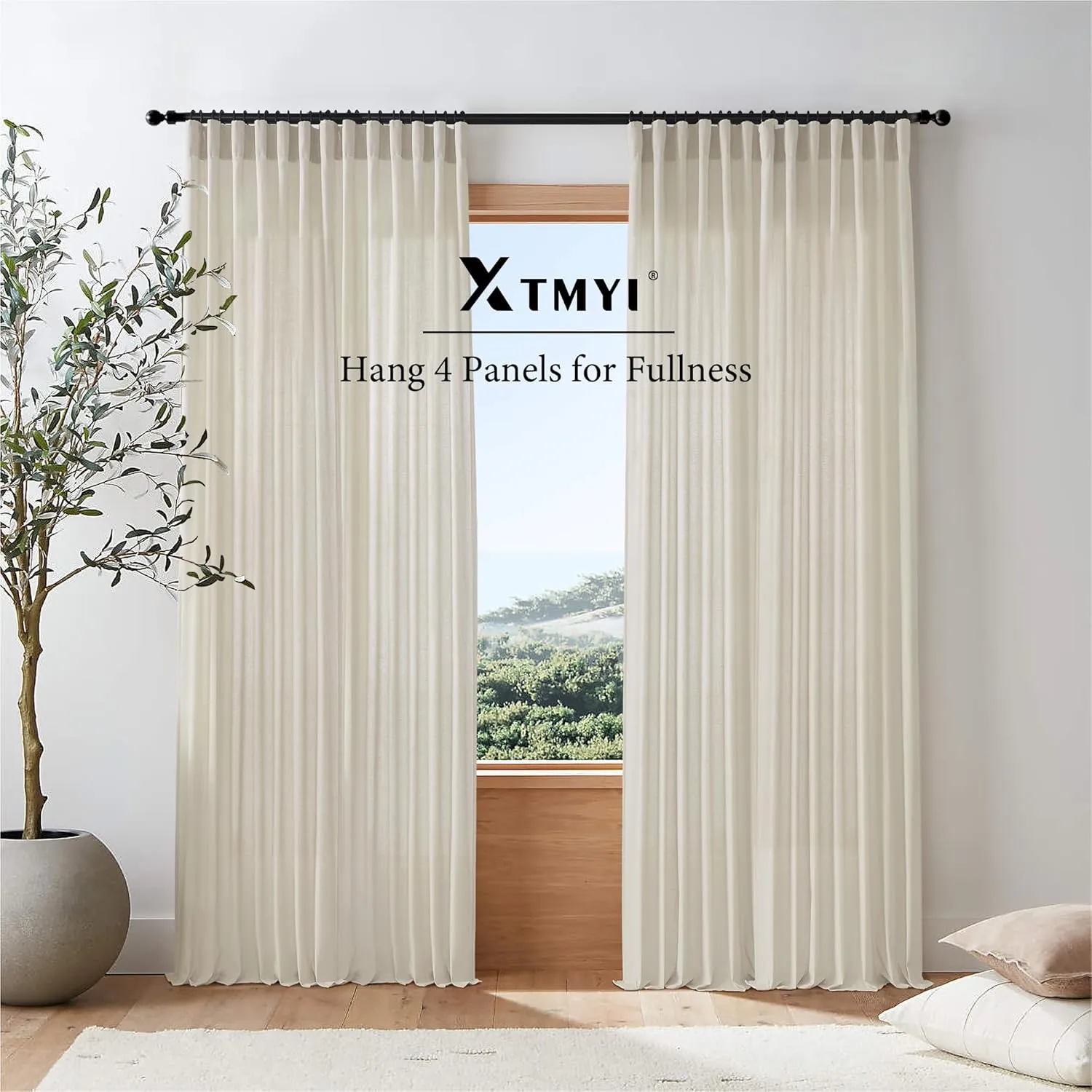 Rod Pocket Curtains for Traverse Rod with Hooks or Tap Tie Top with Clip Rings,Linen Back Tab Boho Sheer Country Curtain Draperies for Bedroom Living Room Dining,Warm Grey Greyish Beige,90 Inch Long
