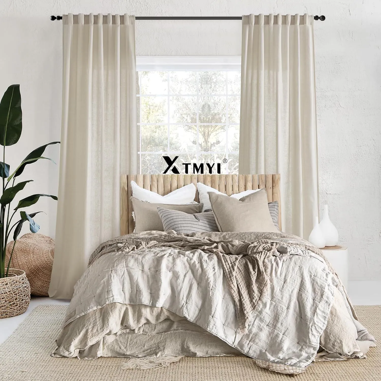 Rod Pocket Curtains for Traverse Rod with Hooks or Tap Tie Top with Clip Rings,Linen Back Tab Boho Sheer Country Curtain Draperies for Bedroom Living Room Dining,Warm Grey Greyish Beige,90 Inch Long