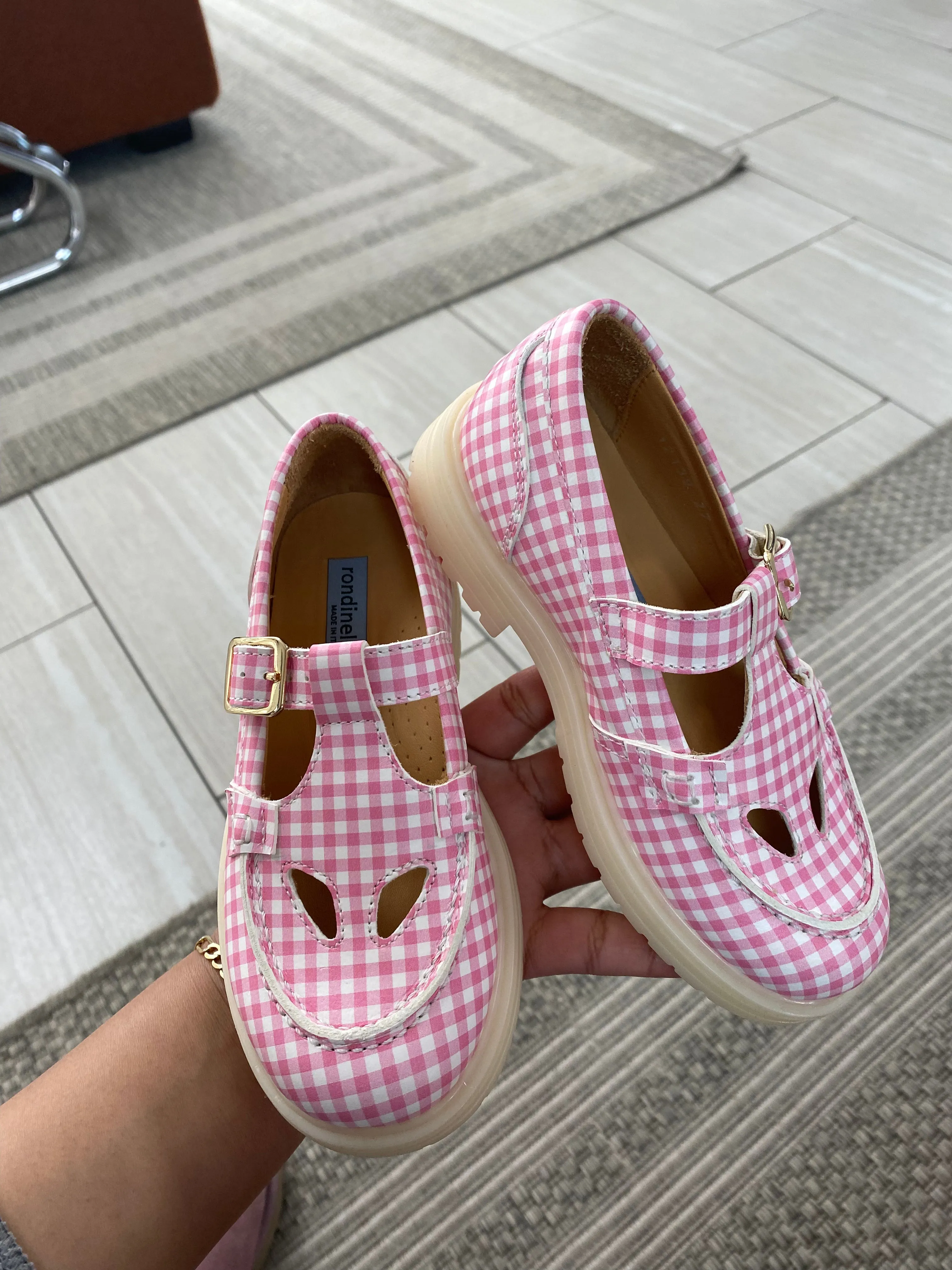 Rondinella Pink Gingham T Strap Loafer