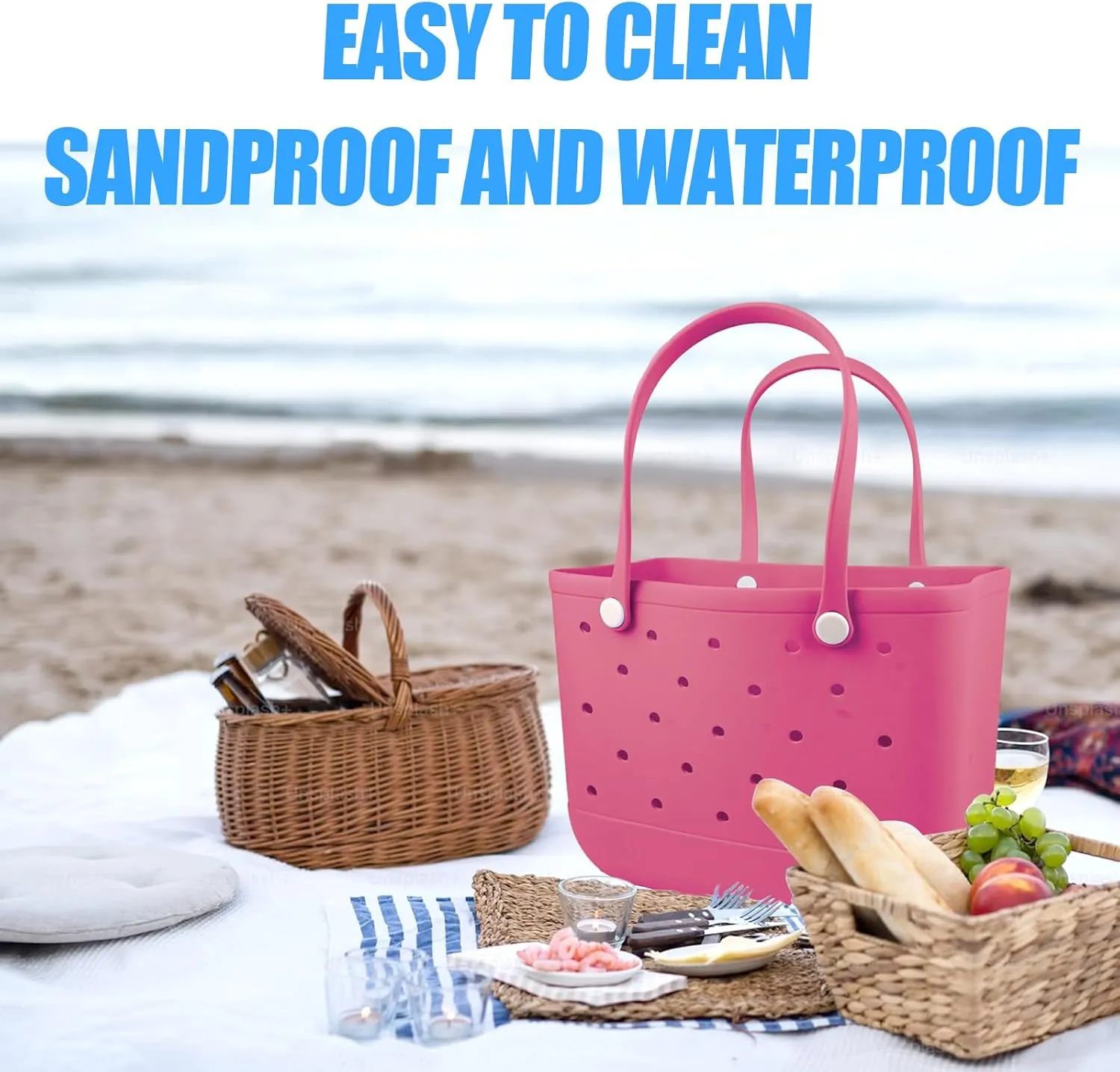 Rubber Beach Tote Bag - Waterproof Washable Durable Open Purses with Zipper Pocket and Phone Pouch for Pool Boat