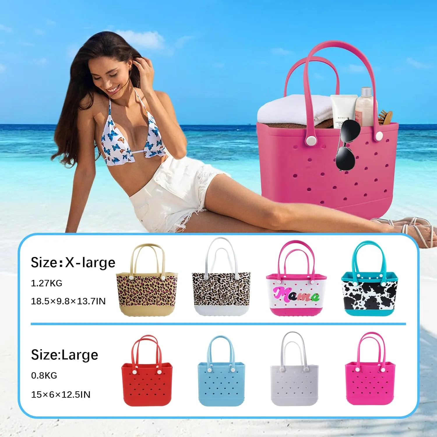 Rubber Beach Tote Bag - Waterproof Washable Durable Open Purses with Zipper Pocket and Phone Pouch for Pool Boat