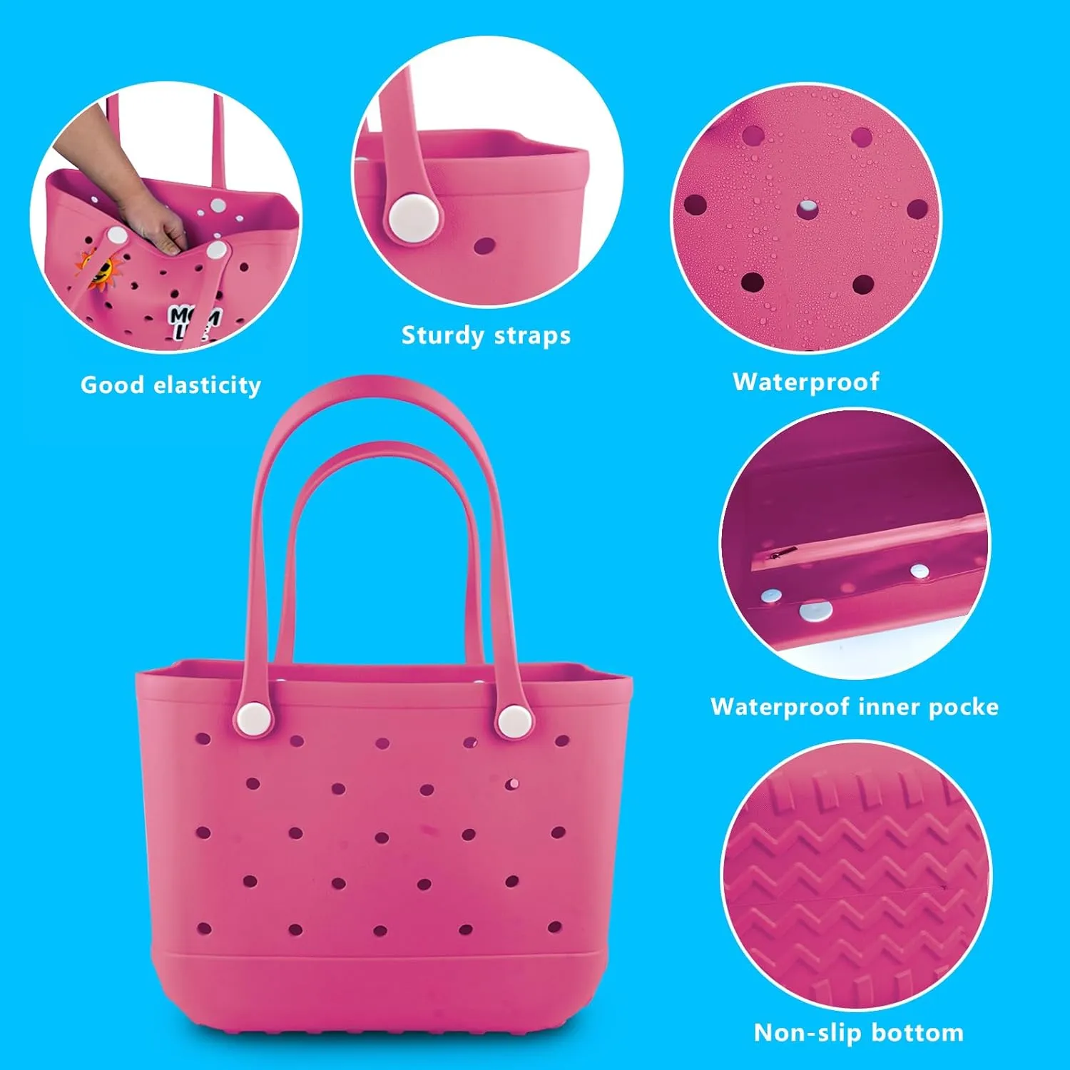 Rubber Beach Tote Bag - Waterproof Washable Durable Open Purses with Zipper Pocket and Phone Pouch for Pool Boat