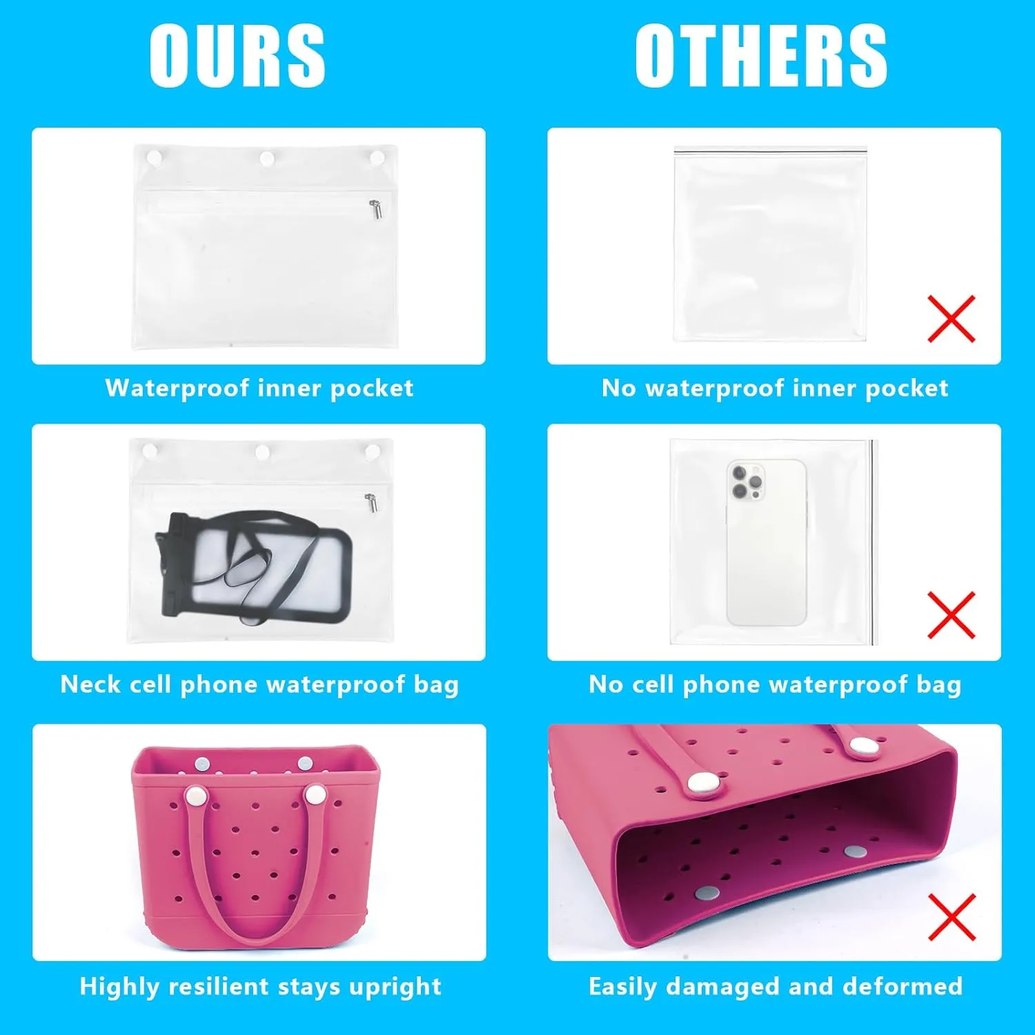 Rubber Beach Tote Bag - Waterproof Washable Durable Open Purses with Zipper Pocket and Phone Pouch for Pool Boat