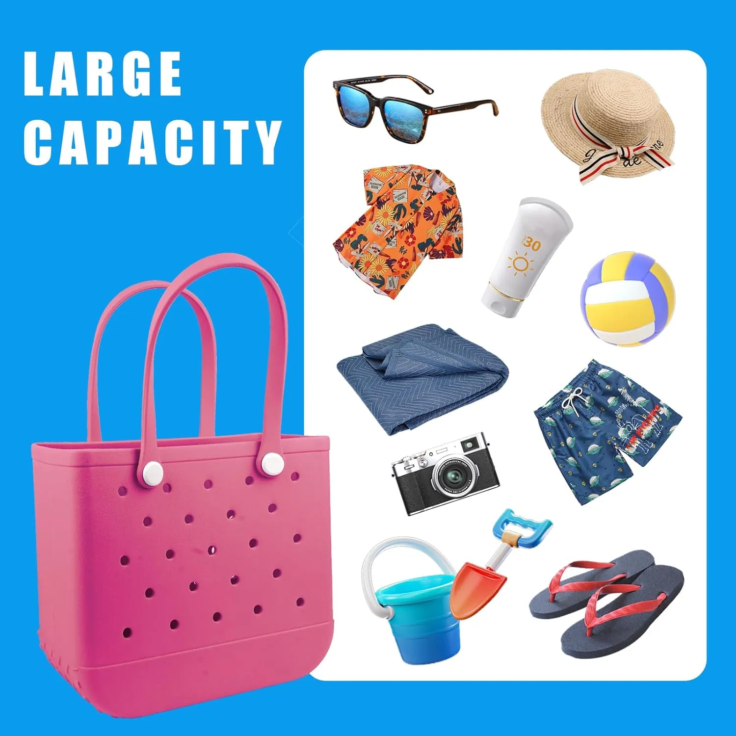 Rubber Beach Tote Bag - Waterproof Washable Durable Open Purses with Zipper Pocket and Phone Pouch for Pool Boat