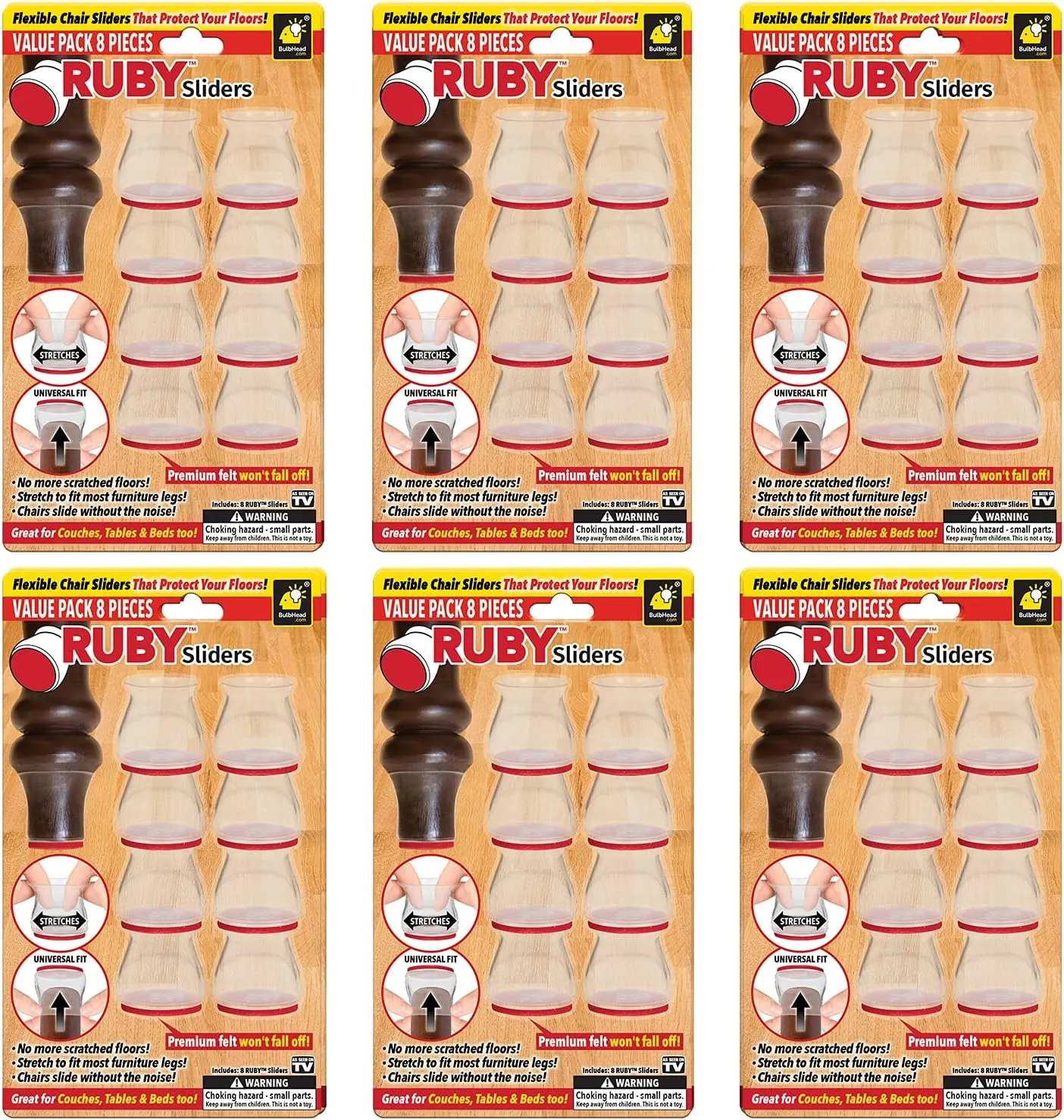 Ruby Sliders As Seen On TV by BulbHead - Red Means They’re Authentic - Premium Chair Covers Protect Hardwood & Tile Floors - Fits Most Furniture Leg Sizes & Shapes ,Clear- 8 Count (Pack of 6)