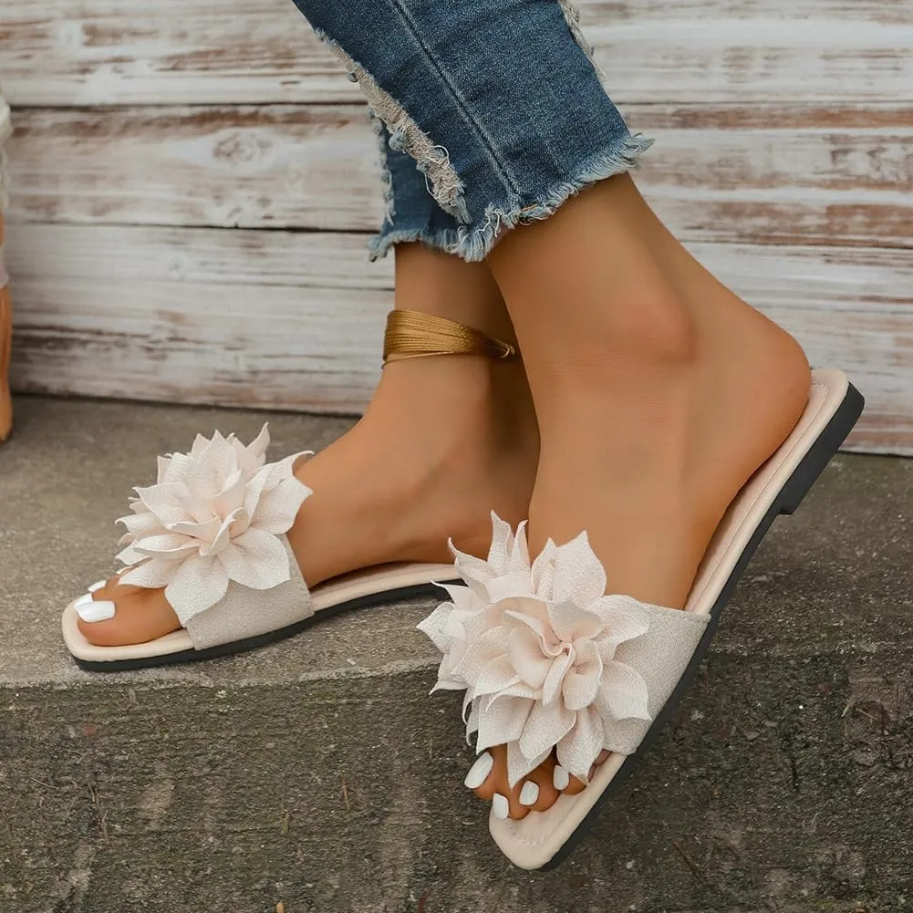 Rungion Women's Square Open Toe Sandal Flowers Flat Dressy Slide Shose Summer Comfort Boho Beach Slip On Anti-Slip Slippers