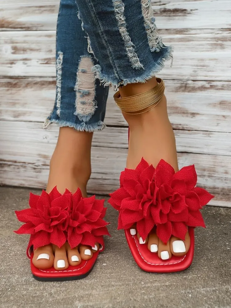 Rungion Women's Square Open Toe Sandal Flowers Flat Dressy Slide Shose Summer Comfort Boho Beach Slip On Anti-Slip Slippers