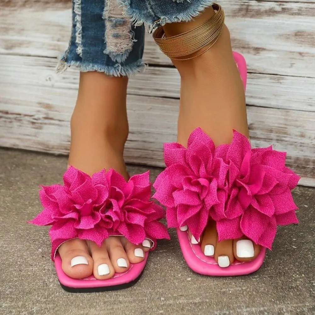 Rungion Women's Square Open Toe Sandal Flowers Flat Dressy Slide Shose Summer Comfort Boho Beach Slip On Anti-Slip Slippers