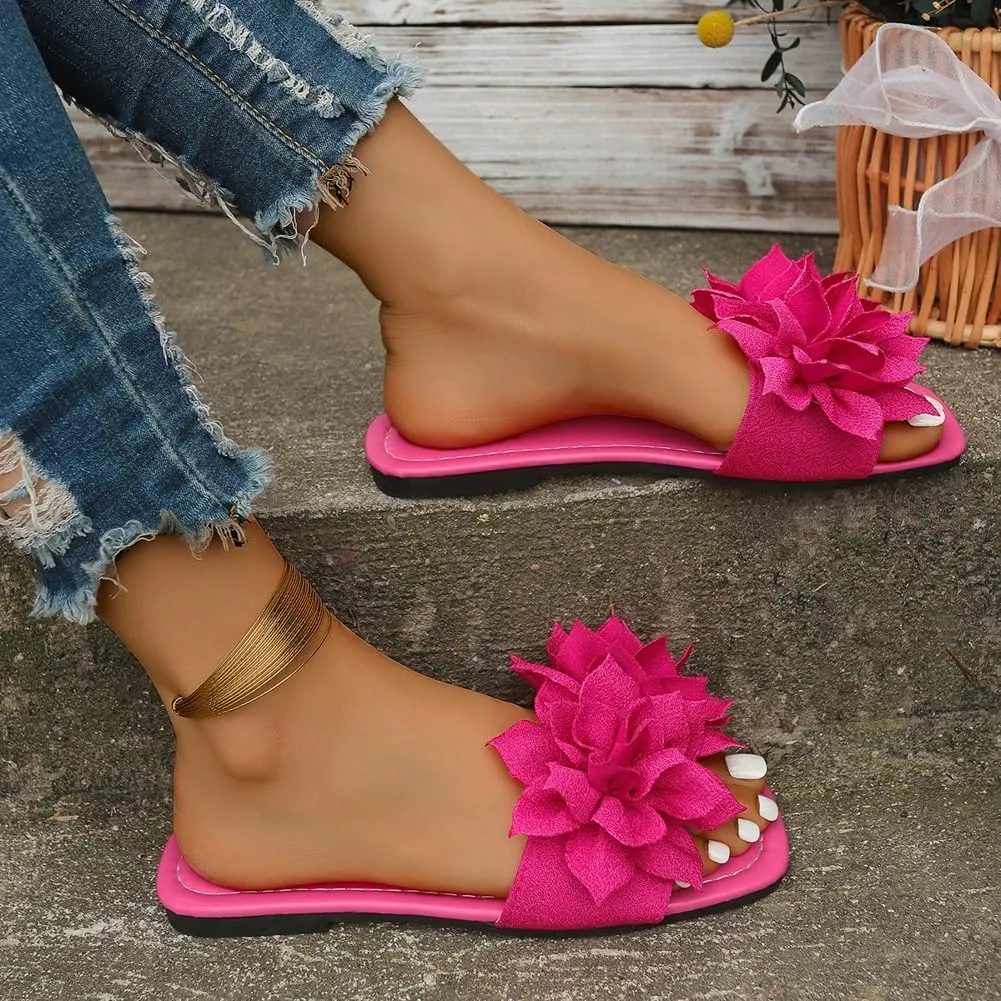 Rungion Women's Square Open Toe Sandal Flowers Flat Dressy Slide Shose Summer Comfort Boho Beach Slip On Anti-Slip Slippers