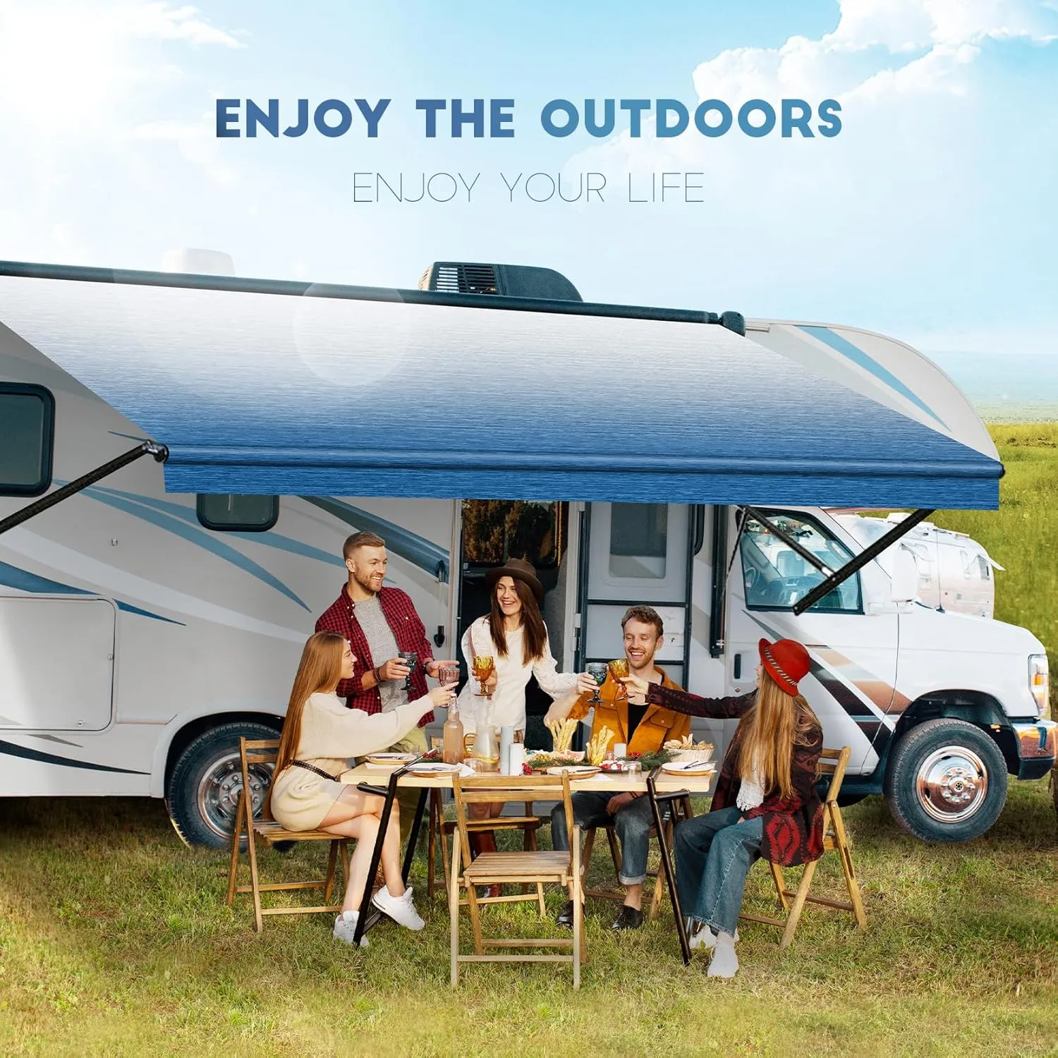 RV Awning Fabric Replacement, Heavy Duty 18.5oz Vinyl RV Awning Fabric, Universal Outdoor Canopy for Camper, Trailer and Motorhome (16FT(Fabric 15'2"), Sapphire Blue Fade)