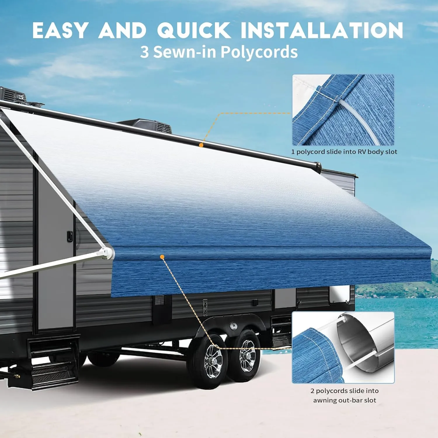 RV Awning Fabric Replacement, Heavy Duty 18.5oz Vinyl RV Awning Fabric, Universal Outdoor Canopy for Camper, Trailer and Motorhome (16FT(Fabric 15'2"), Sapphire Blue Fade)
