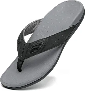 Sandals for Men Toe Post Leather Flip Flops Arch Support Outdoor Walking Summer Beach Slippers Black Grey Size 9