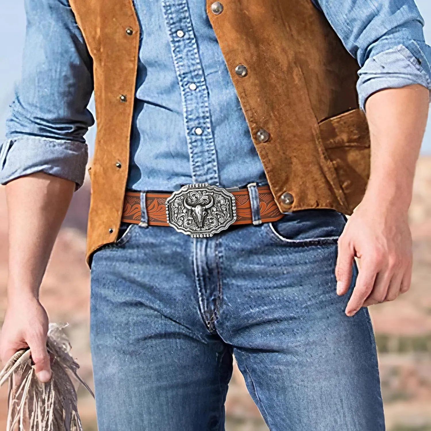 SANSTHS Ratchet Cowboy Belt, Western Ratchet Belts for Men Ratchet Western Belt with Automatic Cowboy Buckle