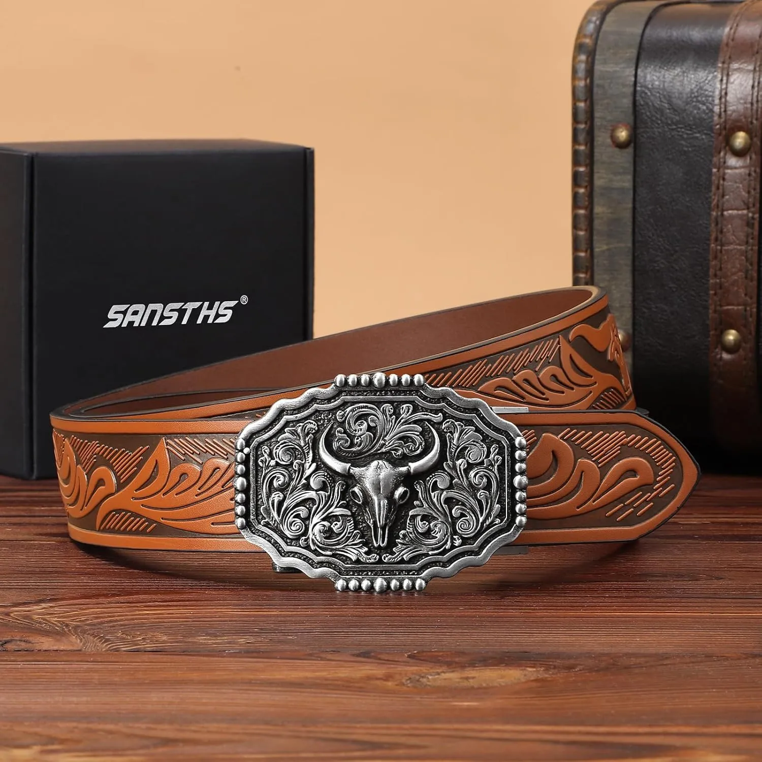 SANSTHS Ratchet Cowboy Belt, Western Ratchet Belts for Men Ratchet Western Belt with Automatic Cowboy Buckle