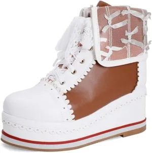 SaraIris Women's Cute Platform Boots, Lace-up Cosplay Brogue Sneakers Wedges Ankle Boots