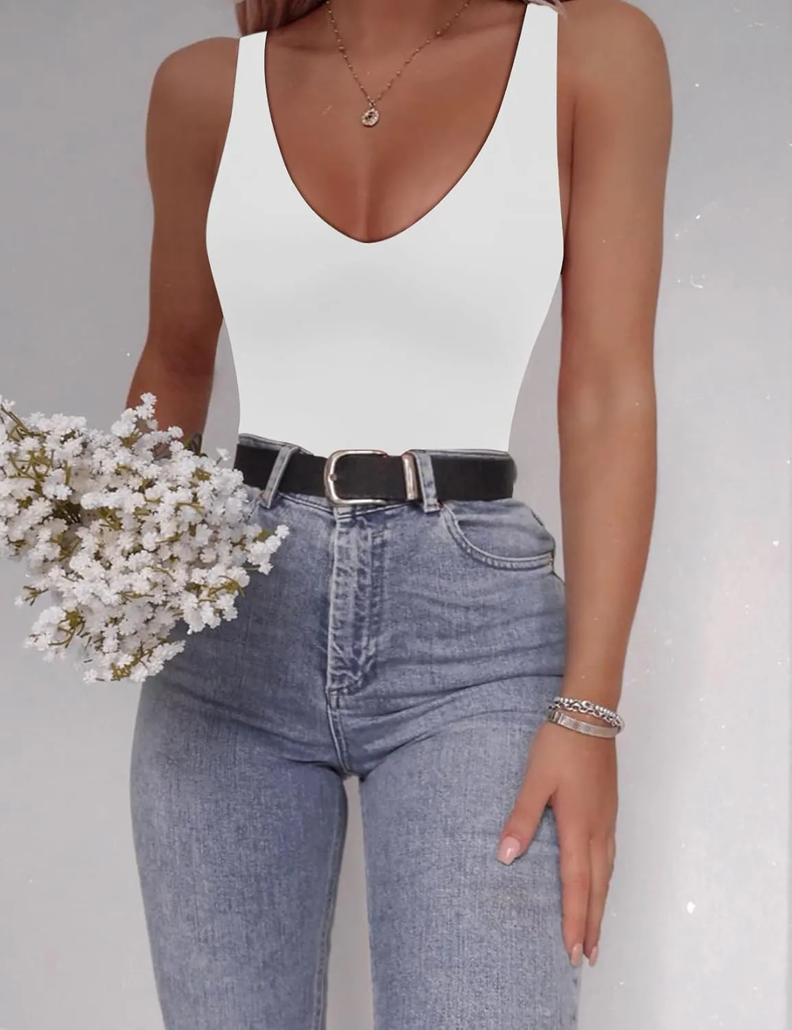 SAUNGKUAI Women’s Bodysuit Sexy Plunge Deep V Neck Backless Sleeveless Tank Thong Body Suits Outfits for Going Out