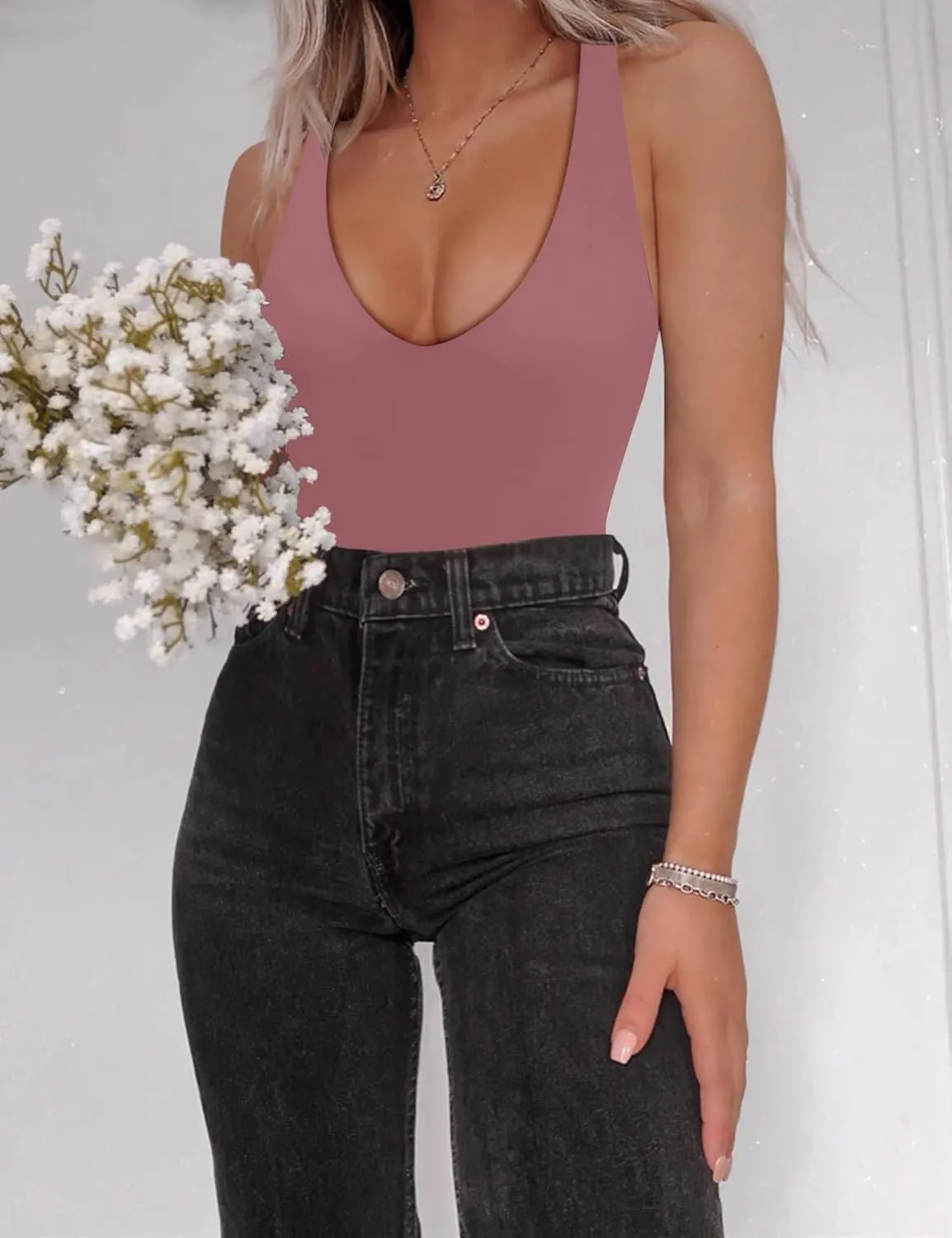 SAUNGKUAI Women’s Bodysuit Sexy Plunge Deep V Neck Backless Sleeveless Tank Thong Body Suits Outfits for Going Out