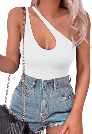 SAUNGKUAI Women's Sexy One Shoulder Sleeveless Cutout Thong Bodysuit Tank Top Body Suits V Backless Tummy Control Shapewear